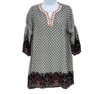 Umgee #1323 S Tunic Dress Black Whte Split Neck Red Accent Casual Lagenlook Boho